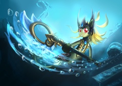 Size: 4093x2894 | Tagged: safe, artist:roshichen, merpony, sea pony, bubble, league of legends, nami (league of legends), ponified, solo, staff, underwater