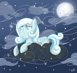 Size: 2000x1906 | Tagged: safe, artist:benkomilk, oc, oc only, oc:snowdrop, pegasus, pony, snowdrop (animation), cloud, cloudy, moon, night