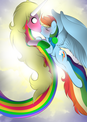 Size: 2452x3432 | Tagged: safe, artist:v-d-k, rainbow dash, pegasus, pony, g4, adventure time, blushing, crossover, crossover shipping, duo, female, kiss on the lips, kissing, lady rainicorn, ladydash, lesbian, male, mare, rainicorn, sky, sunlight, surprise kiss