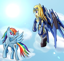 Size: 3093x2943 | Tagged: safe, artist:roshichen, rainbow dash, pegasus, pony, g4, cecilia alcott, crossover, duo, flying, infinite stratos, ponified, sky background