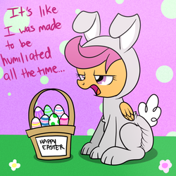 Size: 800x800 | Tagged: safe, artist:fillyscoots42, scootaloo, pegasus, pony, ask crinkleloo, g4, basket, bunny costume, bunnyloo, clothes, costume, crinkleloo, crinkleoo, cute, cutealoo, diaper, easter, easter bunny, easter egg, female, non-baby in diaper, poofy diaper, scootaloo is not amused, solo, tumblr, unamused, wings