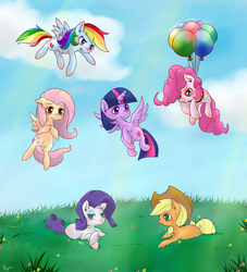 Size: 2000x2200 | Tagged: safe, artist:phyllismi, applejack, fluttershy, pinkie pie, rainbow dash, rarity, twilight sparkle, alicorn, pony, g4, balloon, female, mane six, mare, then watch her balloons lift her up to the sky, twilight sparkle (alicorn)