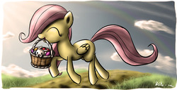 Size: 4277x2193 | Tagged: safe, artist:neko-me, angel bunny, fluttershy, g4, basket, easter, easter egg, filly, mouth hold