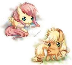 Size: 850x770 | Tagged: safe, artist:xwhitex77, applejack, fluttershy, earth pony, pegasus, pony, g4, chibi, female, potatojack