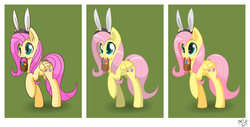 Size: 2750x1400 | Tagged: safe, artist:average-hanzo, fluttershy, pony, g4, basket, bunny ears, easter, easter egg, female, mouth hold, solo