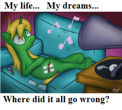 Size: 314x282 | Tagged: safe, artist:mostlyponyart, edit, idw, jade singer, summer mane, pony, unicorn, g4, micro-series #1, my little pony micro-series, couch, crossed legs, female, glasses, glasses off, horn, listening to music, lounging, lying down, mare, music notes, on back, phonograph, record, solo, tail, text