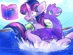 Size: 1024x768 | Tagged: safe, artist:fizzy-dog, twilight sparkle, pony, unicorn, g4, book, female, floaty, inflatable, inner tube, magic, mare, pool toy, reading, solo, swimming, this will end in tears, this will not end well, unicorn twilight, water, water wings