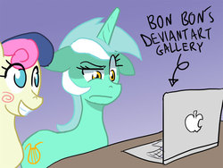 Size: 800x600 | Tagged: dead source, safe, artist:cyberscythe, bon bon, lyra heartstrings, sweetie drops, earth pony, pony, unicorn, g4, blushing, bon bon is amused, computer, deviantart, duo, gallery, laptop computer, lyra is not amused, raised eyebrow, wat