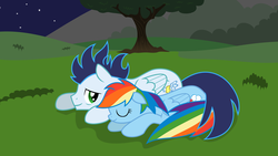 Size: 1024x576 | Tagged: safe, artist:madzik0107, rainbow dash, soarin', pegasus, pony, g4, female, male, mare, night, ship:soarindash, shipping, stallion, tree