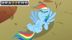 Size: 700x394 | Tagged: safe, edit, edited screencap, screencap, rainbow dash, pegasus, pony, g4, my little pony: friendship is magic, over a barrel, brazzers, eyes closed, female, mare, out of context, solo