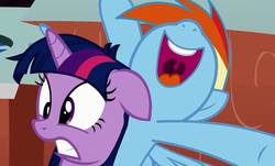 Size: 924x557 | Tagged: safe, rainbow dash, twilight sparkle, pegasus, pony, double rainboom, g4, bang, cheering, female, floppy ears, gritted teeth, mare, messy mane, nose in the air, open mouth, out of context, smiling, uvula, volumetric mouth, wide eyes