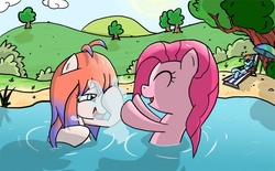 Size: 500x310 | Tagged: safe, artist:pavagat, pinkie pie, rainbow dash, oc, oc:unie, g4, ask, cute, eyes closed, open mouth, smiling, splashing, swimming, swimming hole, un13un, water, wet mane