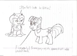 Size: 1024x745 | Tagged: safe, artist:trueinfinitycore, twilight sparkle, cat, pony, shetland pony, unicorn, g4, behaving like a cat, crossover, dialogue, duo, female, homestuck, lineart, lined paper, mare, nepeta leijon, pencil drawing, short, traditional art, troll (homestuck), twilight cat, unicorn twilight