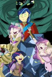 Size: 1507x2222 | Tagged: safe, artist:itsaaudraw, princess cadance, queen chrysalis, shining armor, twilight sparkle, changeling, a canterlot wedding, g4, bouquet, disguise, disguised changeling, fake cadance, humanized