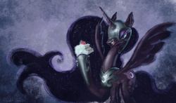 Size: 2181x1280 | Tagged: safe, artist:paladin, nightmare moon, pony, g4, cake, eating, female, food, solo