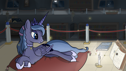 Size: 1920x1080 | Tagged: safe, artist:regolithx, princess luna, pony, g4, alternate hairstyle, book, candle, female, library, moon, night, prone, solo