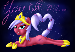 Size: 500x344 | Tagged: safe, artist:srk-ares, scorpio (g4), earth pony, pony, g4, collar, crown, hoof shoes, jewelry, looking at you, lying down, ponyscopes, regalia, scorpio, space, tumblr, zodiac