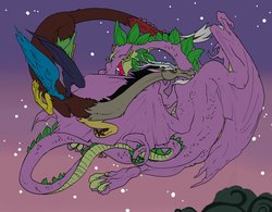 Size: 1280x999 | Tagged: safe, artist:jabberwockychamber, discord, spike, draconequus, dragon, g4, adult spike, duo, epic, fight, flying, male, older, spikezilla, wayback machine source, winged spike, winged spikezilla, wings
