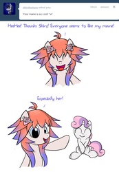 Size: 612x883 | Tagged: safe, artist:pavagat, sweetie belle, oc, oc:unie, earth pony, pony, unicorn, g4, 2 panel comic, ask, comic, cute, mane, un13un