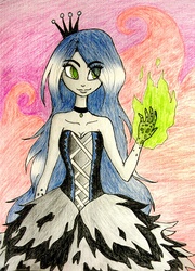 Size: 1000x1392 | Tagged: safe, artist:natsunohuyana, queen chrysalis, changeling, changeling queen, human, g4, clothes, dress, female, humanized, solo, traditional art