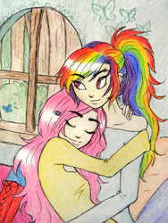 Size: 1500x1997 | Tagged: safe, artist:natsunohuyana, fluttershy, rainbow dash, human, g4, clothes, female, hairpin, humanized, lesbian, long hair, piercing, ponytail, ship:flutterdash, shipping, traditional art