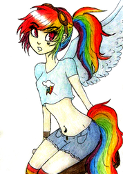 Size: 1174x1645 | Tagged: safe, artist:natsunohuyana, rainbow dash, human, g4, female, humanized, solo, tailed humanization, traditional art, winged humanization