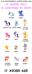 Size: 600x1357 | Tagged: safe, apple bloom, applejack, fluttershy, owlowiscious, peewee, pinkie pie, princess celestia, princess luna, rainbow dash, rarity, scootaloo, spike, sweetie belle, twilight sparkle, alicorn, dragon, earth pony, pegasus, pony, unicorn, g4, female, lidded eyes, mane seven, mane six, mare, mouth hold, open mouth, raised hoof, smiling, spanish, spread wings, traslation fail, wings