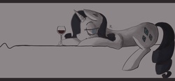 Size: 1947x900 | Tagged: dead source, safe, artist:berrydrops, rarity, pony, unicorn, g4, bedroom eyes, female, glass, mare, prone, solo, wine