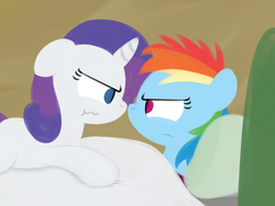 Size: 1280x960 | Tagged: safe, artist:dtcx97, rainbow dash, rarity, g4, bed, blanket, filly, pillow, scrunchy face