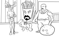 Size: 1322x801 | Tagged: safe, artist:madmax, scootaloo, human, pegasus, pony, aqua teen hunger force, billywitchdoctor.com, carl brutananadilewski, clothes, crossover, female, filly, frylock, male, meatwad, parody, scootachicken
