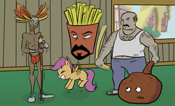 Size: 1322x801 | Tagged: safe, artist:madmax, scootaloo, human, pegasus, pony, aqua teen hunger force, billywitchdoctor.com, carl brutananadilewski, clothes, crossover, female, filly, frylock, male, meatwad, parody, scootachicken, scootaloo can't fly