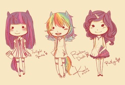 Size: 900x614 | Tagged: safe, artist:therainingstar, rainbow dash, rarity, twilight sparkle, human, g4, chibi, eared humanization, horn, horned humanization, humanized, tailed humanization, winged humanization