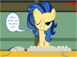 Size: 800x600 | Tagged: safe, oc, oc only, oc:milky way, pony, g4, ask, camera, camera shot, computer mouse, dialogue, female, keyboard, mare, show accurate, solo, wink