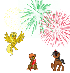 Size: 1094x1135 | Tagged: safe, artist:ponycide, oc, oc only, oc:color boom, oc:star sparkler, oc:ticket, alicorn, earth pony, pony, unicorn, alicorn oc, fireworks, simple background, ticketsparkler