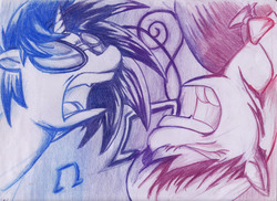 Size: 3508x2552 | Tagged: safe, artist:epicblueface22, dj pon-3, octavia melody, vinyl scratch, g4, yelling