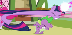 Size: 640x312 | Tagged: safe, screencap, pinkie pie, spike, twilight sparkle, dragon, pony, unicorn, g4, season 3, too many pinkie pies, animation error, female, great moments in animation, long neck, magic, male, mare, neck, smear frame, tackle, wat