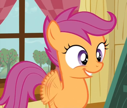 Size: 921x781 | Tagged: safe, screencap, scootaloo, pegasus, pony, g4, sleepless in ponyville, apple, apple tree, clubhouse, cropped, curtains, cute, cutealoo, excited, female, filly, fluttering, tree, window