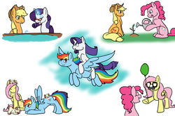 Size: 1728x1152 | Tagged: safe, artist:moonstruck-badger, applejack, fluttershy, pinkie pie, rainbow dash, rarity, dog, g4, :o, :p, balloon, flying, laughing, magic, plant, ponies riding ponies, rarity riding rainbow dash, riding, sapling, sewing, smiling, swapped cutie marks, thread, tongue out, water, watering, watering can