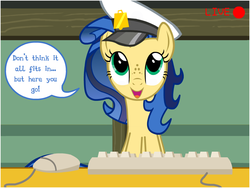 Size: 800x600 | Tagged: safe, oc, oc only, oc:milky way, pony, g4, ask, camera, camera shot, computer mouse, dialogue, female, hat, keyboard, mare, show accurate, solo