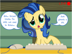 Size: 800x600 | Tagged: safe, oc, oc only, oc:milky way, pony, g4, camera, camera shot, computer mouse, dialogue, female, keyboard, mare, show accurate, solo