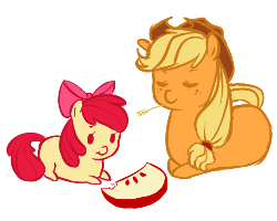 Size: 500x400 | Tagged: dead source, safe, artist:xarakayx, apple bloom, applejack, earth pony, pony, g4, adorabloom, animated, apple, apple slice, bean bag pony, bow, chewing, cute, eating, eyes closed, female, filly, food, freckles, fruit, hair bow, hat, herbivore, mare, munching, simple background, sisters, white background