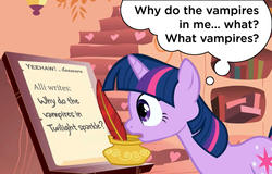 Size: 749x480 | Tagged: safe, artist:kturtle, edit, edited screencap, screencap, twilight sparkle, pony, vampire, ask twilight sparkle, g4, griffon the brush off, female, golden oaks library, pun, solo, twilight (series)