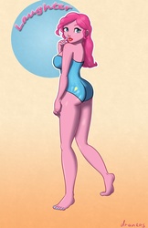 Size: 971x1500 | Tagged: safe, artist:draneas, pinkie pie, human, g4, ass, breasts, butt, clothes, female, humanized, one-piece swimsuit, pony coloring, solo, swimsuit