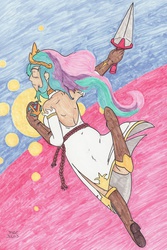 Size: 2282x3426 | Tagged: safe, artist:enigmaticthief, princess celestia, human, g4, daitarn 3, humanized, traditional art, weapon