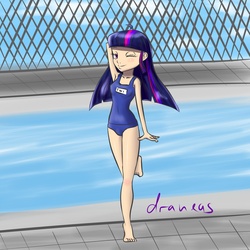 Size: 1200x1200 | Tagged: safe, artist:draneas, twilight sparkle, human, g4, armpits, breasts, clothes, female, humanized, one-piece swimsuit, school swimsuit, schoolgirl, solo, sukumizu, swimsuit