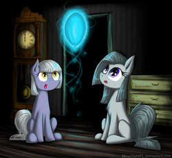 Size: 2771x2550 | Tagged: safe, artist:moonlightfl, limestone pie, marble pie, g4, balloon, clock, female, mare, open mouth, pie sisters, sisters, sitting, spirit