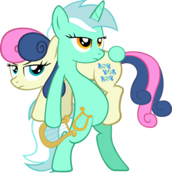 Size: 5000x5034 | Tagged: safe, artist:artpwny, bon bon, lyra heartstrings, sweetie drops, earth pony, pony, unicorn, g4, absurd resolution, belly, bipedal, bon bon is not amused, butt touch, carrying, duo, female, fireman carry, hoof on butt, human behavior, lyre, mare, ready, simple background, transparent background, unamused, vector