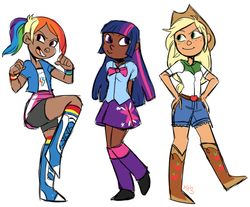 Size: 645x533 | Tagged: safe, artist:hospitalvespers, applejack, rainbow dash, twilight sparkle, human, equestria girls, g4, dark skin, female, humanized, ponytail, simple background, trio, trio female, white background