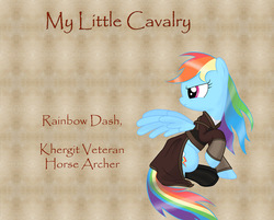 Size: 1023x823 | Tagged: safe, artist:nimbostratus, rainbow dash, pony, g4, archery, clothes, crossover, female, mount and blade, papyrus, solo