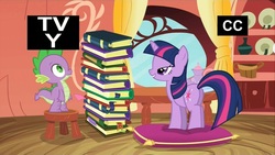 Size: 1920x1080 | Tagged: safe, screencap, spike, twilight sparkle, dragon, pony, g4, spike at your service, book, bookworm, butt, female, golden oaks library, library, lidded eyes, male, mare, out of context, plot